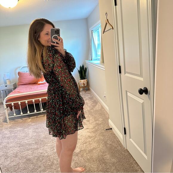 The Kooples Black Red Floral Silk Long Sleeve Mini Dress Small - Picture 3 of 10